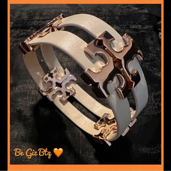 Tory Burch Authentic Serif T Stacked Leather Sand Rose Gold Wrap Bracelet - Picture 5 of 10